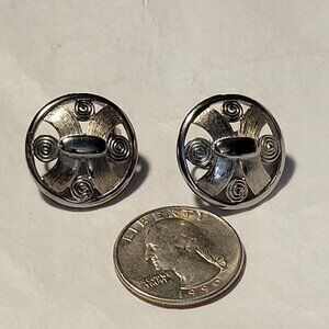 Vintage Silver Metal Disc Pierced Earrings with Scroll Detail